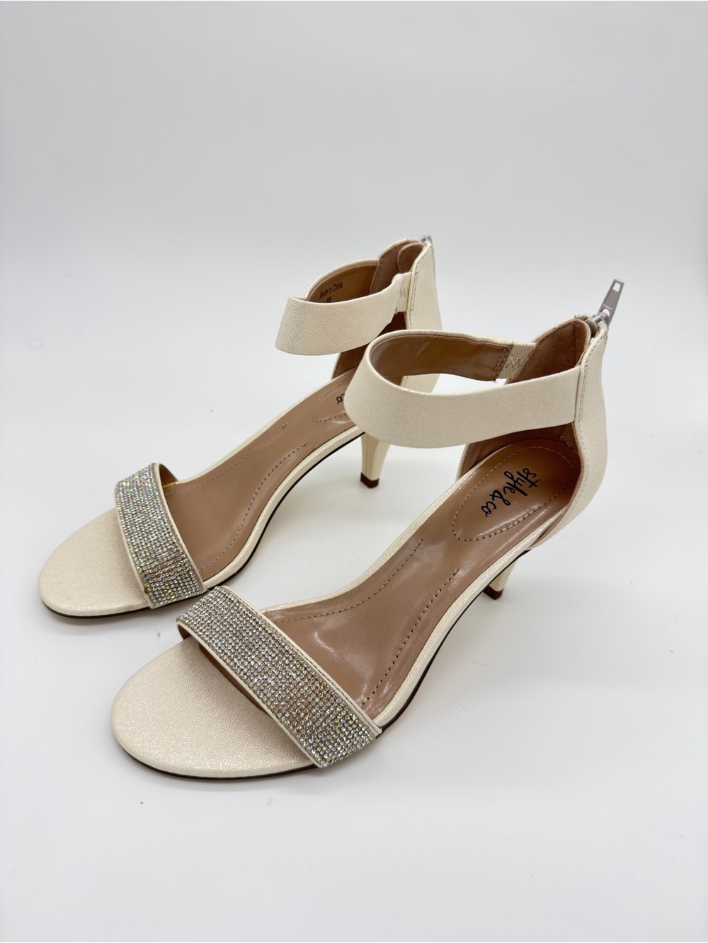 Style & Co. Ivory Rhinestone Ankle-Strap Kitten Heels